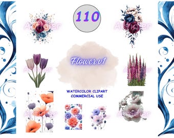 Watercolor Flower Clipart Botanical PNG Bundle Spring Floral Sublimation Graphics