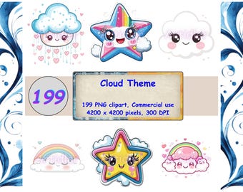 Watercolor Cloud Clipart Bundle, Rainbow and Stars PNG, Nursery Baby Shower Graphics