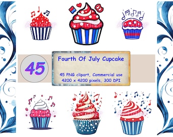 Imágenes prediseñadas de cupcakes del 4 de julio, postre patriótico PNG, gráficos del Día de la Independencia, repostería de verano