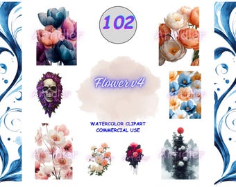 Watercolor Flower Clipart, Spring Botanical PNG Bundle, Floral Sublimation Graphics