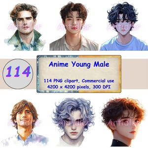 114 Anime Style Young Male | Boy | Man | Watercolor Clipart Bundle PNG Files | Junk Journal | Paper Craft | Digital | Commercial Use, vv