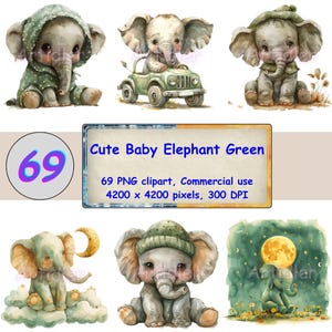 BABY ELEPHANT CLIPART Style: Green - Watercolor Clipart Bundle, Nursery Clipart, Digital Clip Art, Cute Sublimation Designs vv