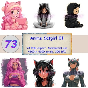 73 Anime Catgirl | Catgirl Textures | Watercolor Clipart Bundle PNG Files | For Junk Journal | For Paper Craft | Digital, vv