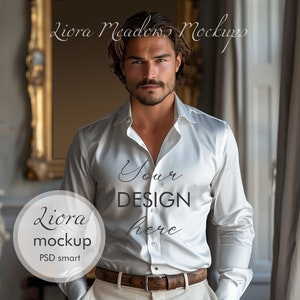 May include: A white long-sleeve shirt with a button-down collar and a brown leather belt. The shirt has the text "Your DESIGN here" printed on the front. The text "Liora mockup PSD smart" is printed on a white circle.