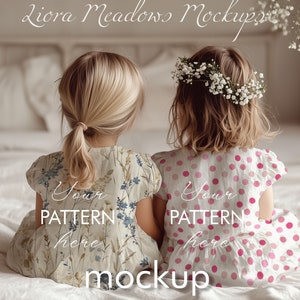 Puede incluir: Dos niñas con vestidos de patrones florales y de lunares se sientan en una cama blanca. El texto "Your pattern here" se superpone a cada vestido. El texto "mockup" está debajo de las niñas.
