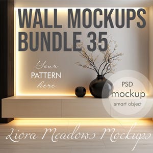 May include: A mockup of a wall with a light wood shelf and a white wall with the text "WALL MOCKUPS BUNDLE 35" and "Your PATTERN here". There is a black vase with a branch of dried flowers and two smaller black vases on the shelf. The text "PSD mockup smart object" is in the bottom right corner.