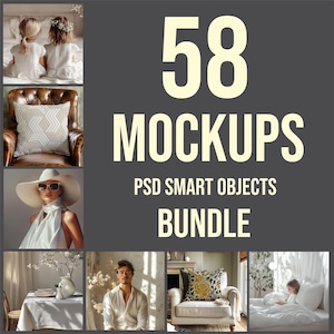 May include: A set of 58 digital mockups for product design and branding. The mockups are in PSD format and include smart objects for easy customisation. The bundle includes a variety of scenes, such as a bedroom, living room, and kitchen.