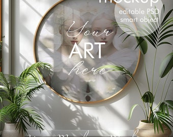 Round frame mockup, PSD with smart object, wooden modern frame, editable PSD