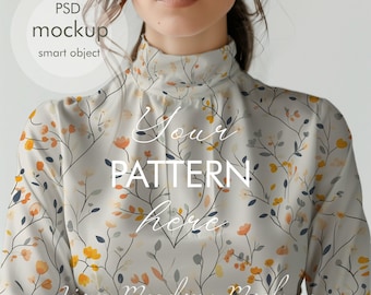 Stoffmuster Mockup PSD mit Smart Objekt Weibliche Bluse Bearbeitbare PSD-Datei Stoffschaufenster Nahtlose Muster Design Mockup Textilanzeige