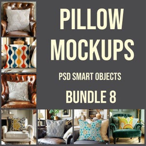 Lot de coussins (8), maquette, PSD avec objet intelligent, fichier PSD modifiable, maquette de tissu, maquette modifiable, affichage textile