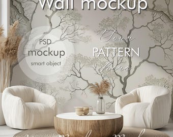 May include: A mockup of a wall with a tree branch pattern. The wall is in a living room setting with two white armchairs and a wooden coffee table. The text "Your Pattern Here" is written on the wall.
