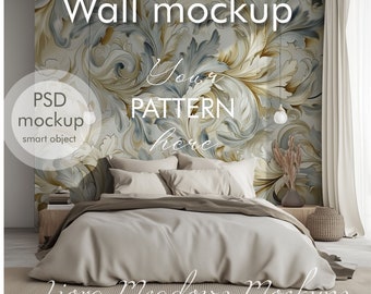 Wallpaper Mockup PSD with Smart Object Mural Mockup Wall Design Interior Mockup Wallpaper Display Editable Mockup Bedroom Mockup