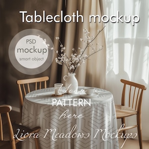 May include: A white tablecloth with a geometric pattern on a table with two wooden chairs. A vase with white flowers and a cup and saucer are on the table. The text "Your pattern here" is on the tablecloth. The text "Liora Meadows Mockups" is on the tablecloth.