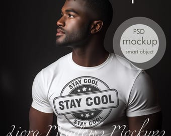 May include: A white t-shirt mockup featuring a black and white distressed graphic that says "Stay Cool" with three stars on either side of the text.