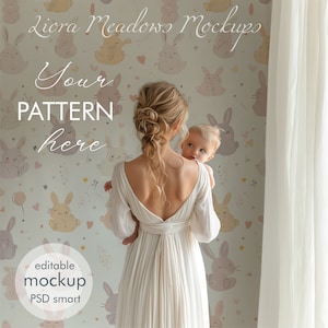 May include: A mockup of a nursery wallpaper featuring a repeating pattern of bunnies in various colors and poses. The wallpaper is displayed on a wall behind a woman holding a baby. The text "Your PATTERN here" is written on the wall.