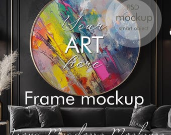 Round Frame Mockup PSD File with Smart Object Modern Interior Frame Dark Room Interior Frame Editable Mockup Smart Object Artwork Mockup