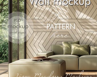 Könnte beinhalten: Ein Wand-Mockup mit einer beigefarbenen Wand mit geometrischem Muster. Die Wand befindet sich in einem Wohnzimmer mit einem hellgrünen Sofa und einem hellgrünen Ottoman. Der Text "Your Pattern Here" ist auf der Wand geschrieben.