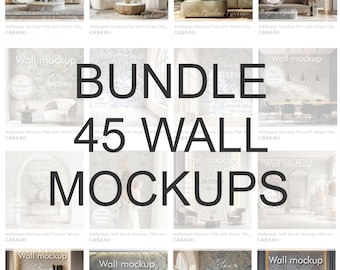 May include: A digital product listing for a bundle of 45 wall mockups. The image shows a variety of interior scenes with different wall patterns and textures. The text "BUNDLE 45 WALL MOCKUPS" is displayed in large, bold letters.