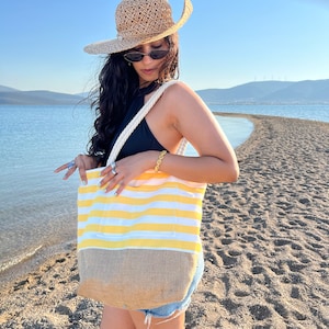 Yellow Striped Cotton Canvas Beach Bag, Beach Bag, Tote Bag, Beach Tote, Canvas Summer Bag, Gift For Mom, Jute Beach Bag