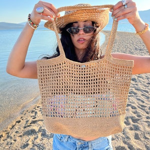 Handmade Crochet Paper Yarn Tote: Large Beach Shopper Bag