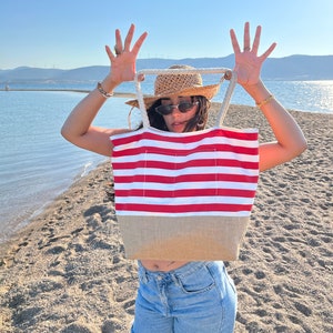 Red Striped Cotton Canvas Beach Tote: Jute Shopper Bag