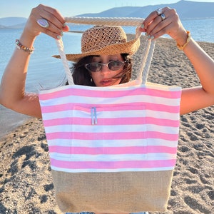 Pink Striped Cotton Canvas Beach Bag, Beach Bag, Tote Bag, Beach Tote, Canvas Summer Bag, Gift For Mom, Jute Beach Bag