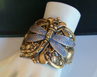 Custom Jewelry Cuff Bracelet, Dragonfly of Iridescent Wings, Vintage Press USA Brass, Designed and Created by CopperTina, An Exclusive Cuff