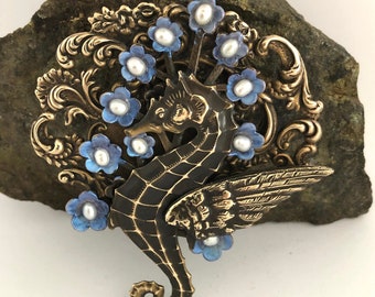 Seahorse Fantasy Brooch With Real Pearls,   One Of A kind, Flower Center Is Set With A Real Pearl, Quality Brass Silver Soldered Together