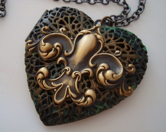 Victorian Heart Locket, FLEUR DE LIS, Large Heart Necklace, Vintage Look, Custom Patina, Perfume Scent Holder, Poison or Treasures, Handmade