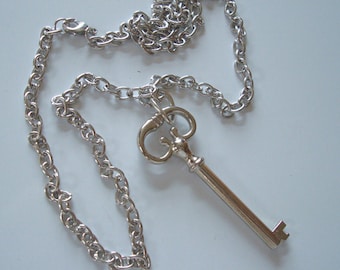 Steampunk, Jewelry, Necklace, Silver Key, Long Silver Link Chain, Nice Weight and Finish, USA, Great Gift