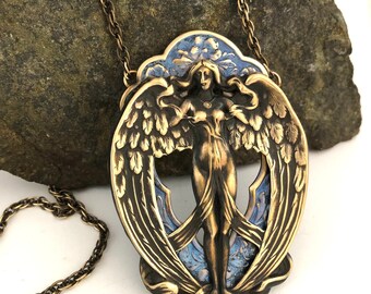 Angle In The Glow Of Iridescent Necklace,  Nice Weight, Hangs Nicely, Beautiful Angel, Lovely Iridescent Floral Background, USA