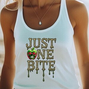 May include: A white vest top with the words "JUST ONE BITE" in a bone-like font. The graphic features a green apple with a skull face. The design has a dripping effect.