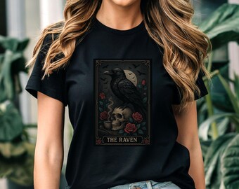 Koszulka z kartą Tarota w stylu vintage Raven, koszulka z gotycką wroną i goblincore