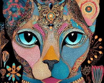 Egyptian Cat Art Puzzle 1000 Piece , Colorful Mystic Feline Jigsaw