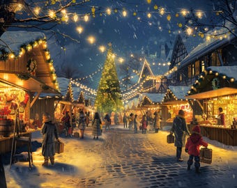 May include: A festive Christmas market scene at night, illuminated by strings of lights and a decorated Christmas tree. People browse stalls filled with gifts and treats, with snow falling gently. The scene evokes a warm, holiday atmosphere.