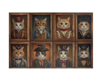 May include: A rectangular artwork featuring eight framed portraits of cats dressed in vintage attire. Each cat portrait is unique, with different outfits, hats, and expressions. The artwork has a warm, antique aesthetic, with a focus on detail and character.