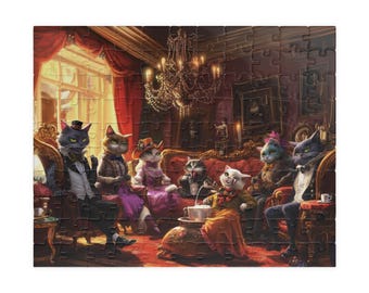 May include: A jigsaw puzzle featuring a gathering of anthropomorphic cats in a Victorian-era living room. The cats are dressed in formal attire, seated on ornate furniture, and gathered around a table. The room has red curtains, a chandelier, and portraits.