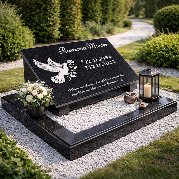 Granite gravestone / urn gravestone with engraving & inscription including supports – chamfered edges – optional personalized flower box N48