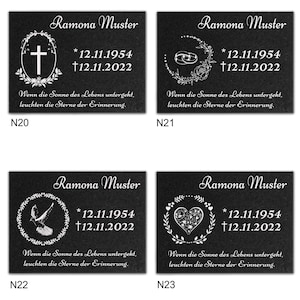 May include: Four black granite memorial plaques with white text and images. Each plaque has the name "Ramona Muster" with birth and death dates, a decorative image, and the text "Wenn die Sonne des Lebens untergeht, leuchten die Sterne der Erinnerung." The images are a cross, two rings, a dove, and a heart.