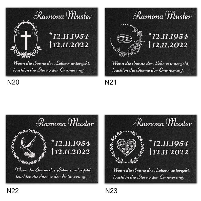 May include: Four black granite memorial plaques with white text and images. Each plaque has the name "Ramona Muster" with birth and death dates, a decorative image, and the text "Wenn die Sonne des Lebens untergeht, leuchten die Sterne der Erinnerung." The images are a cross, two rings, a dove, and a heart.