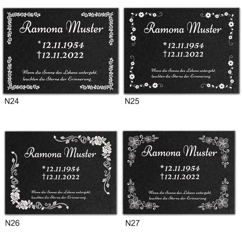 May include: Four black granite memorial plaques with white floral borders and text. The text reads "Ramona Muster *12.11.1954 &dagger;12.11.2022" and "Wenn die Sonne des Lebens untergeht, leuchten die Sterne der Erinnerung."