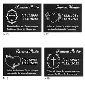 May include: Four black granite memorial plaques with white lettering. Each plaque features a different symbol: a cross, a heart, a cross, and a heart. The text on each plaque reads "Ramona Muster" and includes dates of birth and death. The plaques are labeled N16, N17, N18, and N19.
