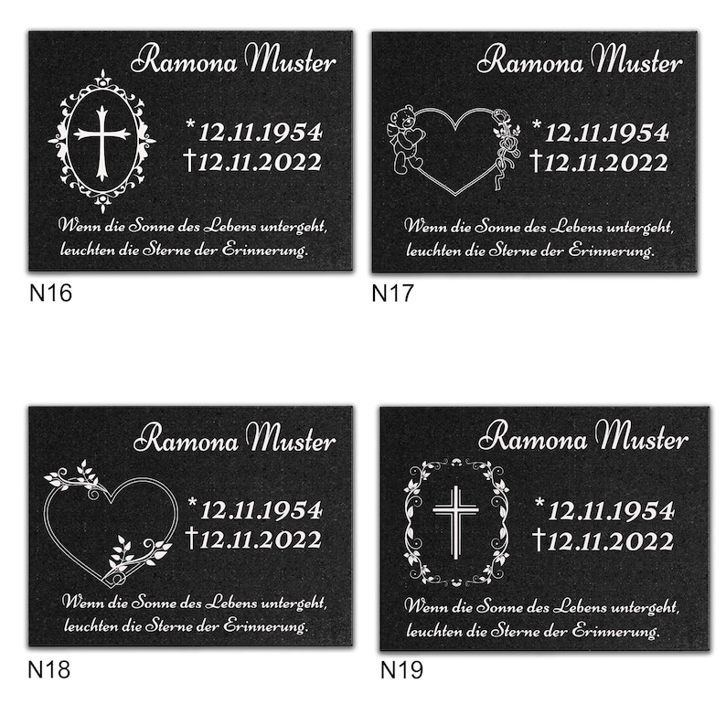May include: Four black granite memorial plaques with white lettering. Each plaque features a different symbol: a cross, a heart, a cross, and a heart. The text on each plaque reads "Ramona Muster" and includes dates of birth and death. The plaques are labeled N16, N17, N18, and N19.