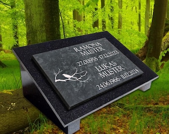 Granite gravestone with marble base, base plate, supports, and engraving, 40 x 30 cm, MA18