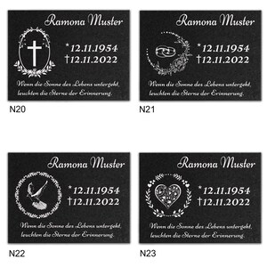 May include: Four black granite memorial plaques with white text and images. Each plaque features a different design: a cross, two rings, a dove, and a heart. The text on each plaque reads "Ramona Muster * 12.11.1954 &dagger; 12.11.2022" and "Wenn die Sonne des Lebens untergeht, leuchten die Sterne der Erinnerung."