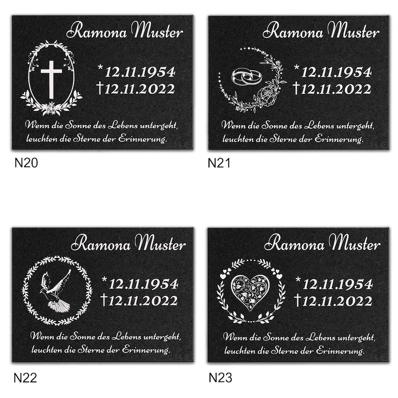 May include: Four black granite memorial plaques with white text and images. Each plaque features a different design: a cross, two rings, a dove, and a heart. The text on each plaque reads "Ramona Muster * 12.11.1954 &dagger; 12.11.2022" and "Wenn die Sonne des Lebens untergeht, leuchten die Sterne der Erinnerung."