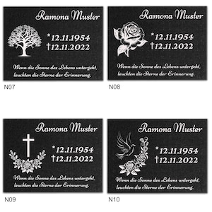 May include: Four black granite memorial plaques with white lettering and images. The plaques feature the name "Ramona Muster" and dates of birth and death. The images include a tree, a rose, a cross with flowers, and a dove with flowers.