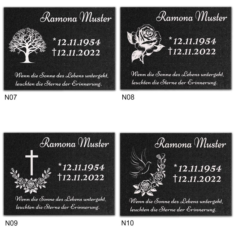 May include: Four black granite memorial plaques with white lettering and images. The plaques feature the name "Ramona Muster" and dates of birth and death. The images include a tree, a rose, a cross with flowers, and a dove with flowers.