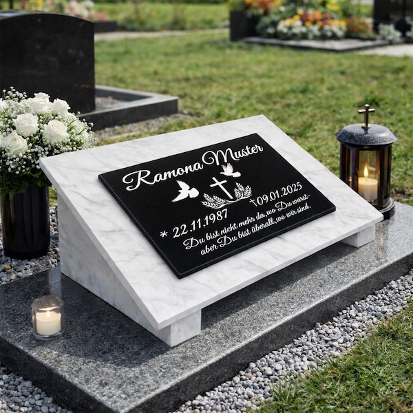 Granite gravestone on white marble, 40x30x1cm, urn plaque with motif and engraving, weatherproof and personalized, with supports / Gravestone with supports KD7