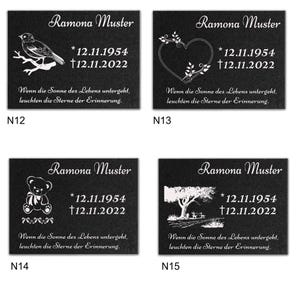 May include: Four black granite memorial plaques with white text. Each plaque features a different design: a bird on a branch, a heart with vines, a teddy bear, and a tree with a bench. The text on each plaque reads "Ramona Muster", "*12.11.1954", "&dagger;12.11.2022", and "Wenn die Sonne des Lebens untergeht, leuchten die Sterne der Erinnerung."